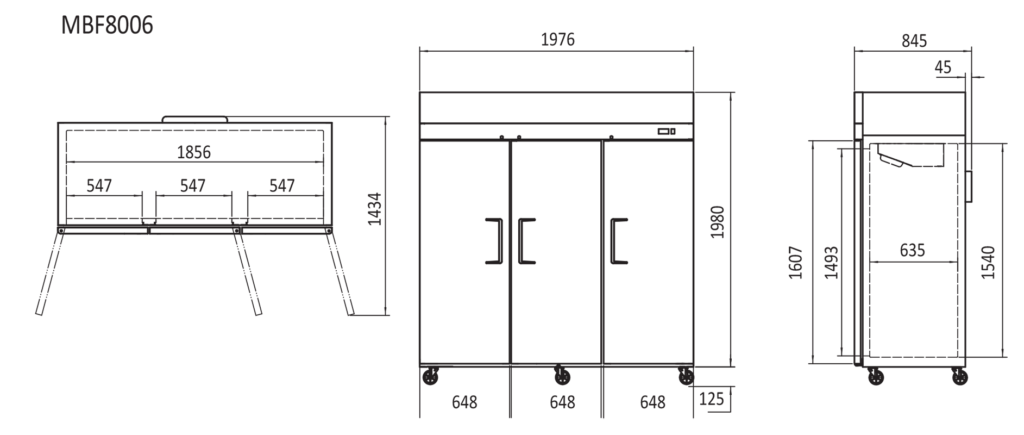 MBF 8006 Atosa fridge 3 door dimensions