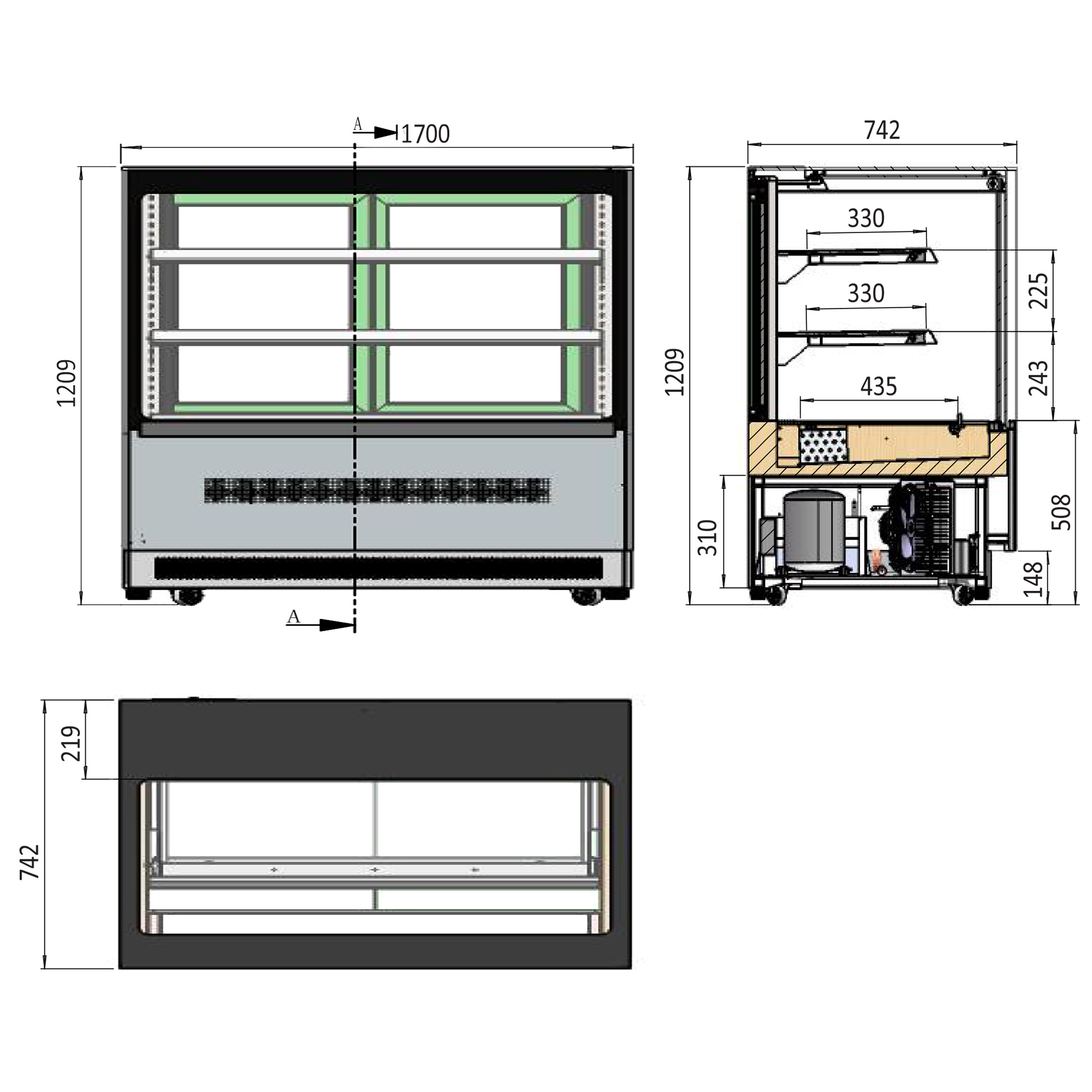 DF177F Cake fridge Dimensions