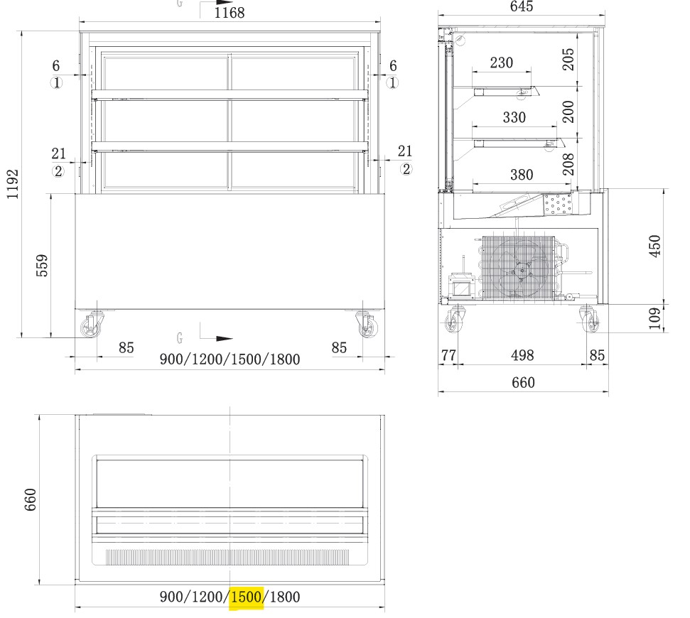 WDG156F Cake fridge dimensions