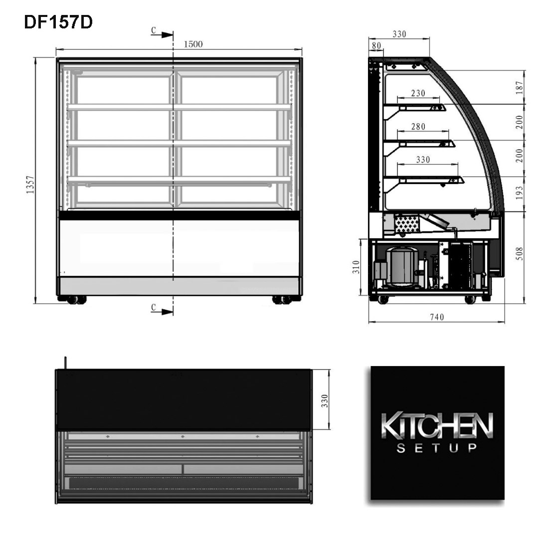 Curved Glass Cake Display Atosa DF157D Dimensions