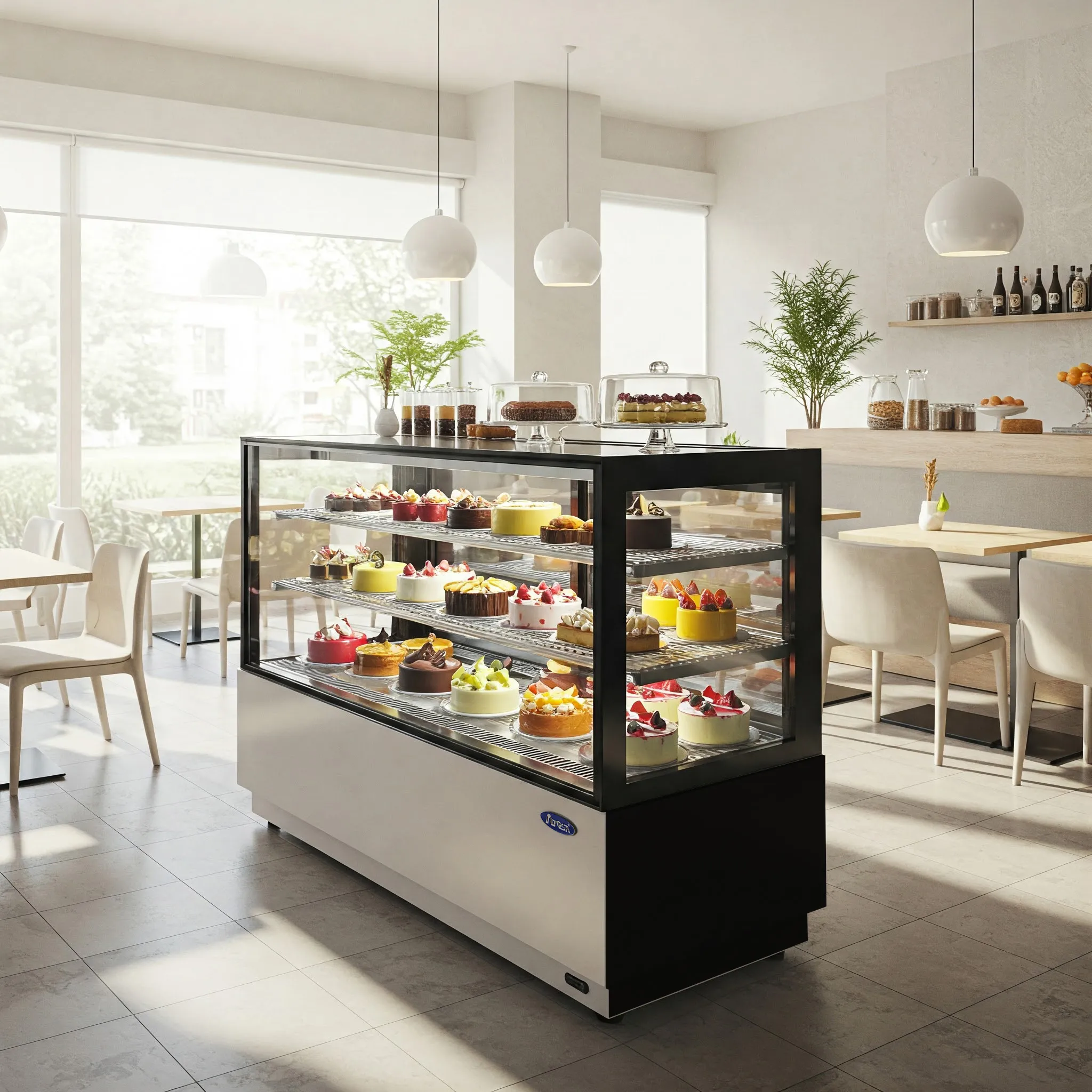 Display fridge with cakes in cafe